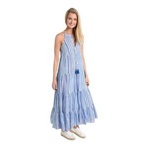 Oliphant Womens Long Tiered Tassel Dress Size M Blue Stripe Art to Wear Boho NEW